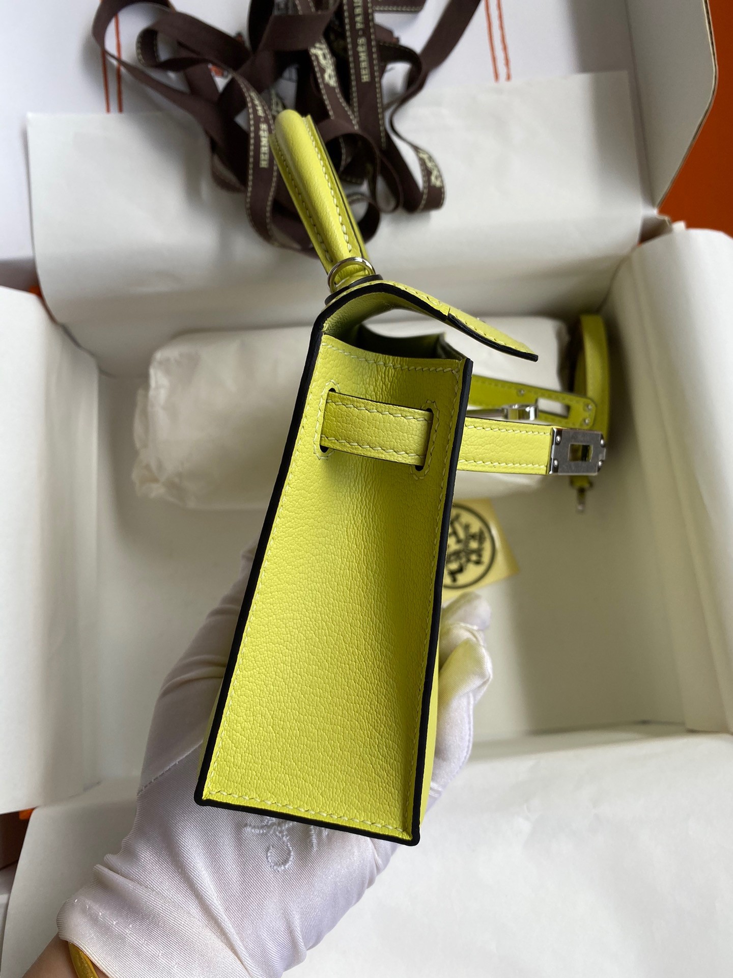 H**mes kelly mini ii sellier handmade bag in jaune bourgeon chevre mysore leather